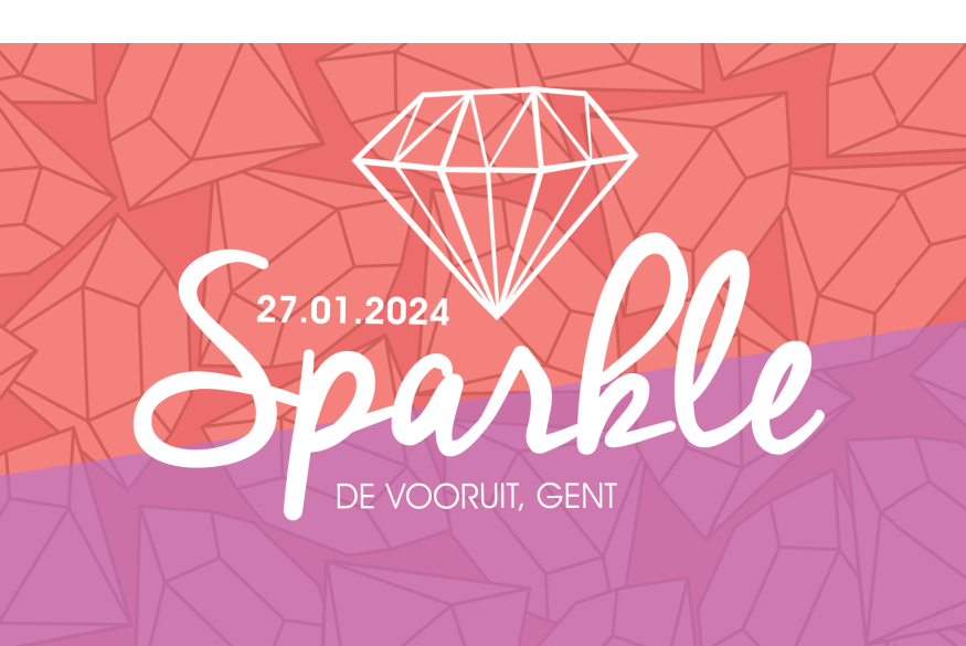 Oranje diamanten met '27.01.2024' en 'Sparkle' en 'De Vooruit, Gent' als tekst