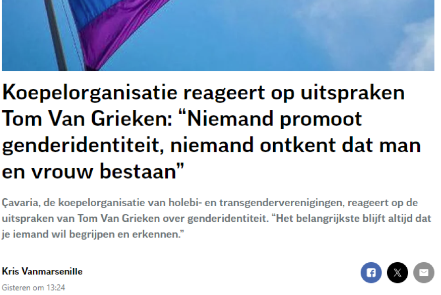 Gazet van Antwerpen Koepelorganisatie reageert op uitspraken Tom Van Grieken: Niemand promoot genderidentiteit, niemand ontkent dat man en vrouw bestaan + foto regenboogvlag