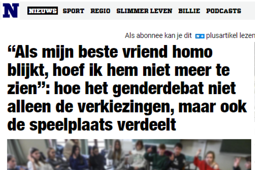 Nieuwsblad "Als mijn beste vriend homo blijkt, hoef ik hem niet meer te zien": hoe het genderdebat niet alleen de verkiezingen, maar ook de speelplaats verdeelt', foto van een klas