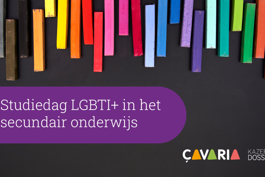 Paarse cirkel met 'studiedag LGBTI+ in het onderwijs' en de logo's van çavaria en Kazerne Dossin