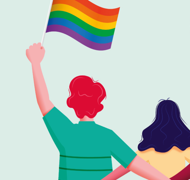 Vier getekende personen waarvan je de ruggen ziet, armen rond elkaar en linkse persoon houdt een regenboogvlag omhoog. Bovenaan staat de tekst 'Wij streven naar een veilige en inclusieve schoolomgeving'