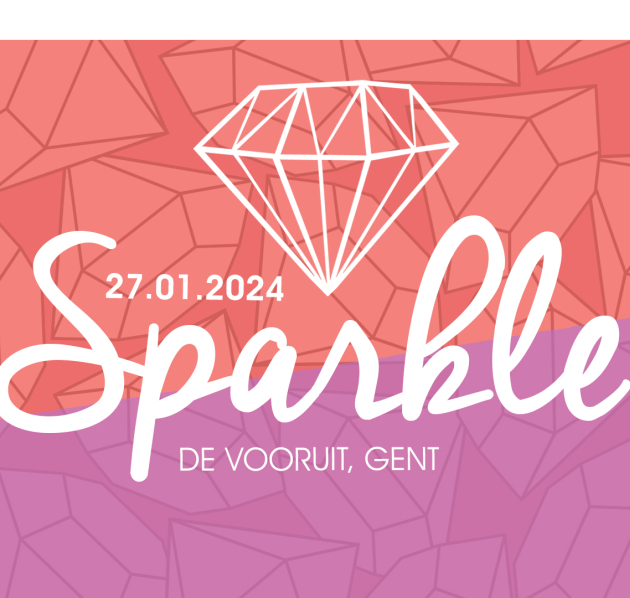 Oranje diamanten met '27.01.2024' en 'Sparkle' en 'De Vooruit, Gent' als tekst