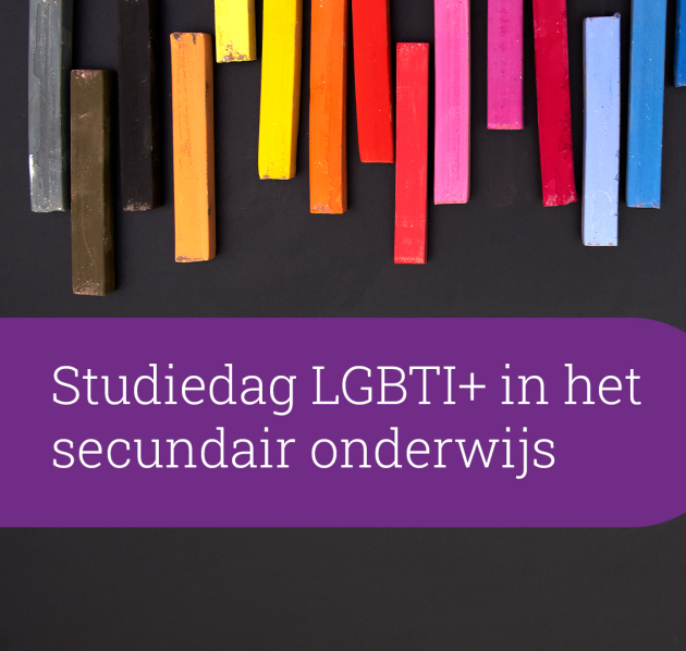 Paarse cirkel met 'studiedag LGBTI+ in het onderwijs' en de logo's van çavaria en Kazerne Dossin