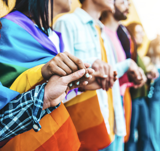 groep mensen die handen vasthoudt en regenboogvlaggen om zich heen hebben