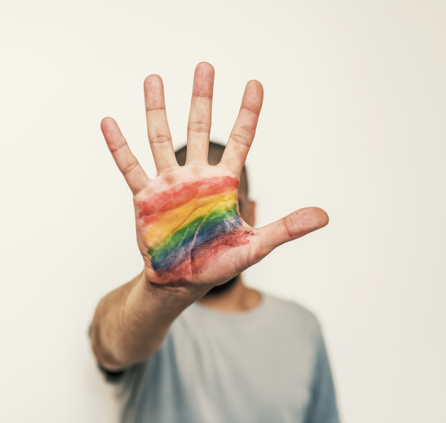 çavaria eist een kordate aanpak van haat, extremisme en geweld Iemand maakt het stopteken met hun hand. Op het hand staat een regenboogvlag gekleurd.