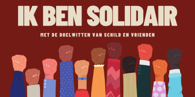 De tekst 'ik ben solidair' als titel, met als subtitel 'met de doelwitten van Schild en Vrienden'. Onderaan staan 11 gevarieerde vuisten