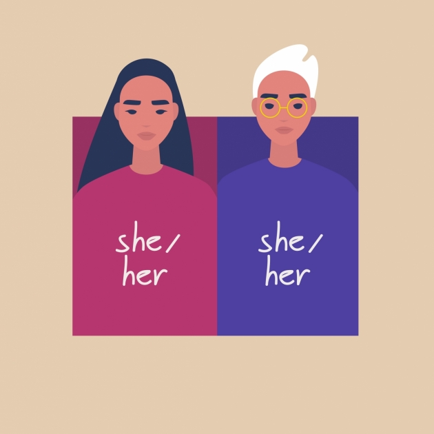 Two figures with the pronouns she/her