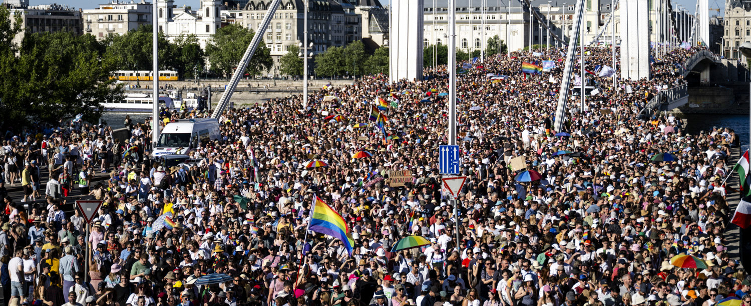 Massa mensen op brug in Budapest