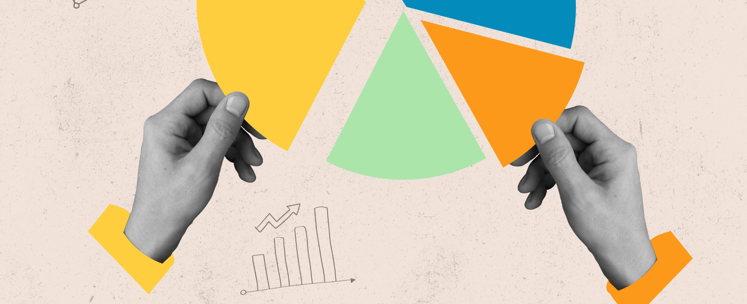 Financieel medewerker drie handen die elk een gekleurd stukje taart vasthouden uit een taartdiagram