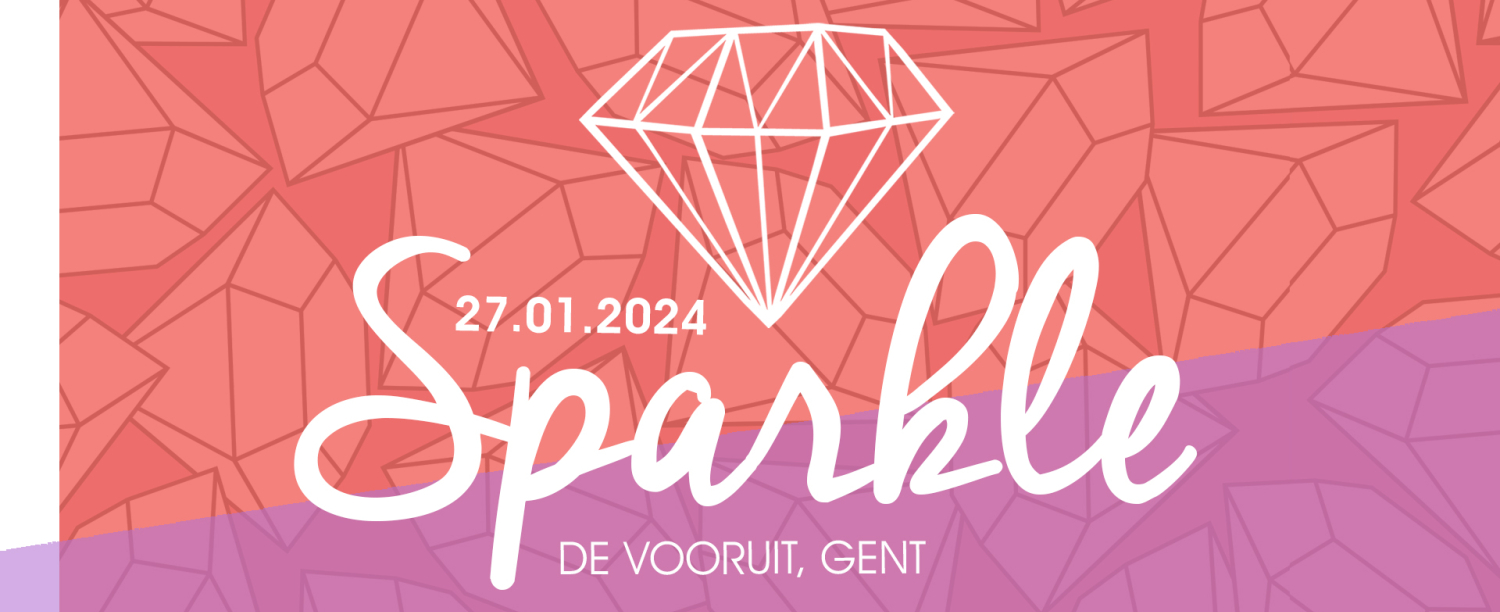 Oranje diamanten met '27.01.2024' en 'Sparkle' en 'De Vooruit, Gent' als tekst