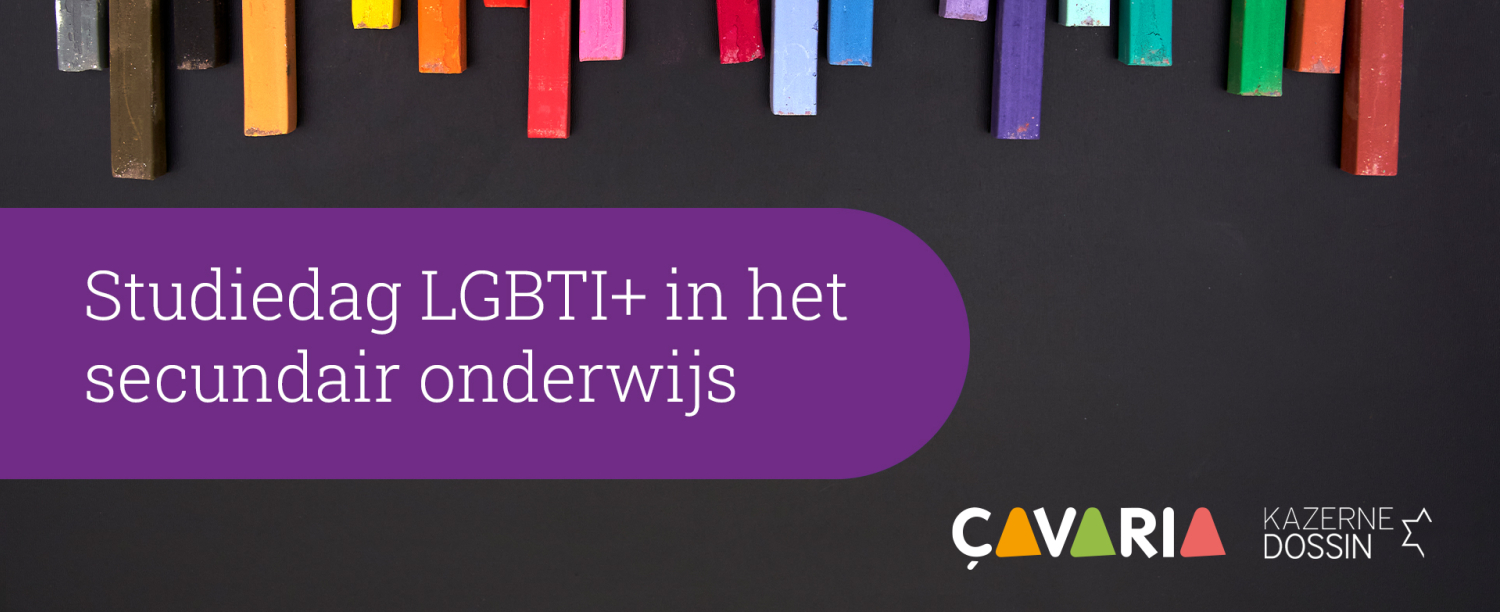 Studiedag Paarse cirkel met 'studiedag LGBTI+ in het onderwijs' en de logo's van çavaria en Kazerne Dossin