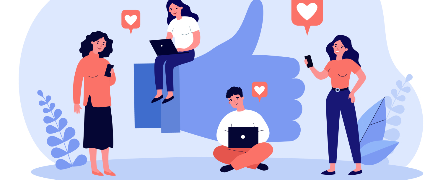 Vier getekende personen die rond een Facebook duim omhoog zitten en op hun laptop of mobiele telefoon kijken